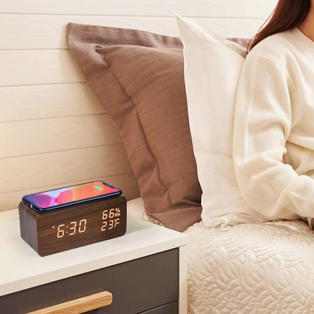 Digital Alarm Clock with Wireless Charging Temperature and Humidity Monitor Three Alarms Snooze Function Electronic Accessories JASKFLY