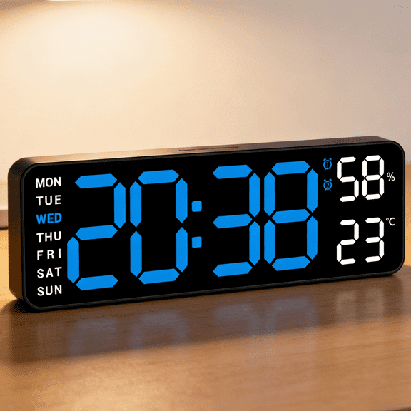 10" Digital Wall Mount Clock: Dual Alarm Wall Mount Clock with Big Led and Functions for Living Room Bedroom Office Desk Decor - Housewarming Gifts Home Wall Decor, Blue