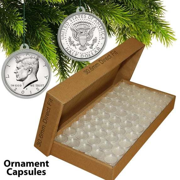 10 Direct Fit 30.6mm CHRISTMAS ORNAMENT Coin Capsules w/Hook for JFK HALF DOLLAR