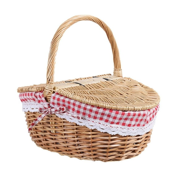 Miyuadkai Outdoor Portable Picnic Basket, Wicker Picnic Basket with Liner Wooden Split Lid Picnic Basket Style Picnic Hamper with Folding Woven Handle for Picnic Camping Outdoor, 1 Picnic Basket