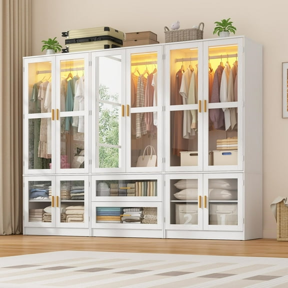 6 Doors Armoire Wardrobe Closet with LED and Mirror, 71" H Freestanding Wooden Wardrobe Closet Cabinet for Bedroom w 2 Drawers,Wooden Clothing Storage Cabinet w Hanging Rod,Closets for Bedroom