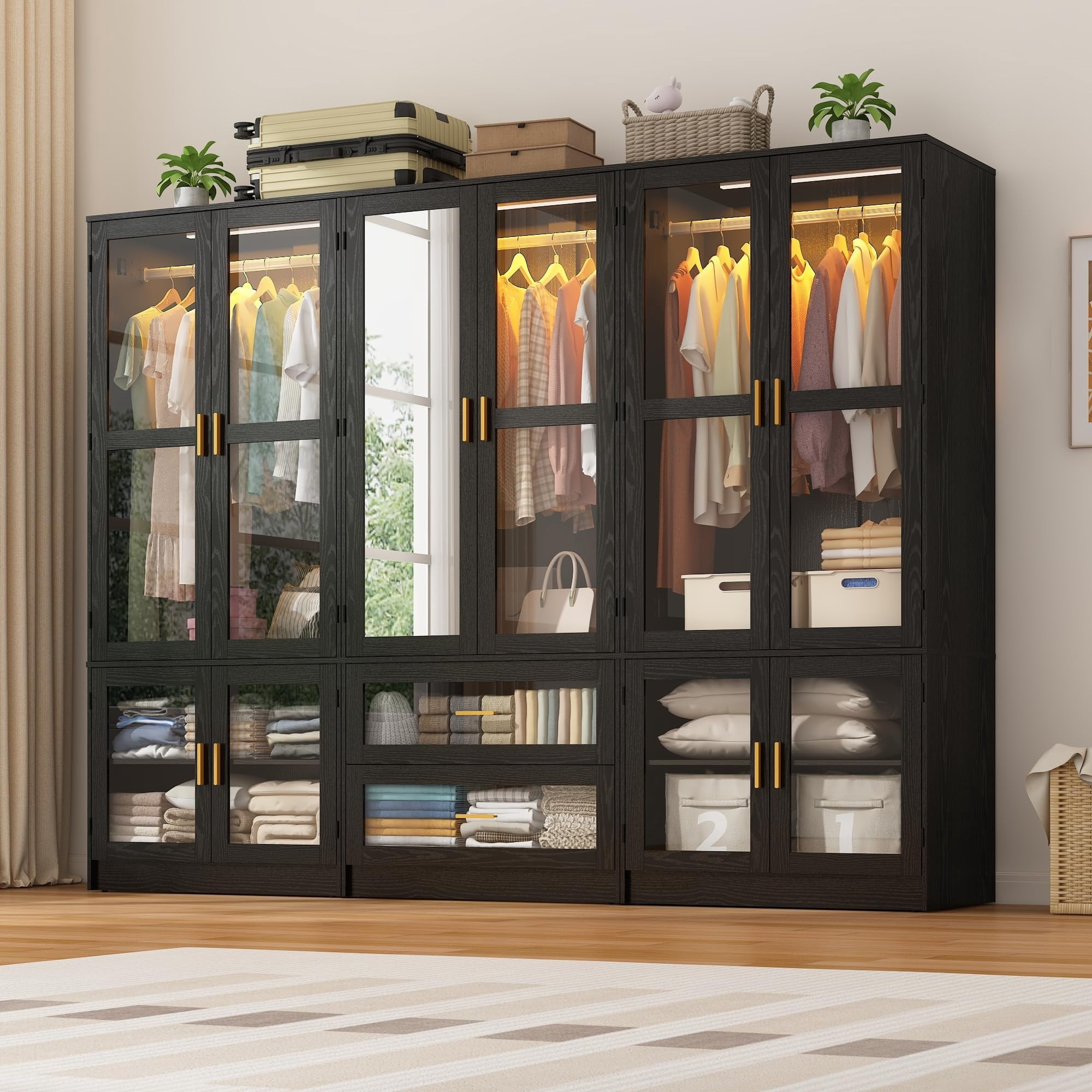 6 Doors Armoire Wardrobe Closet with LED and Mirror, 71" H Freestanding