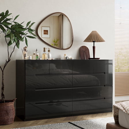 55'' W 10-Drawer Black Dresser, Modern High Gloss Storage Chest for Bedroom, Living Room, Entryway