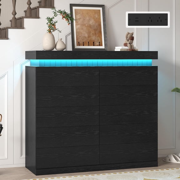 10 Drawer Double Dresser, Chest Of Drawers with LED Light and Power Outlet, Modern Bedroom Dresser with Sliding Top Storage Space for Living Room, Hallway, Entryway, Black