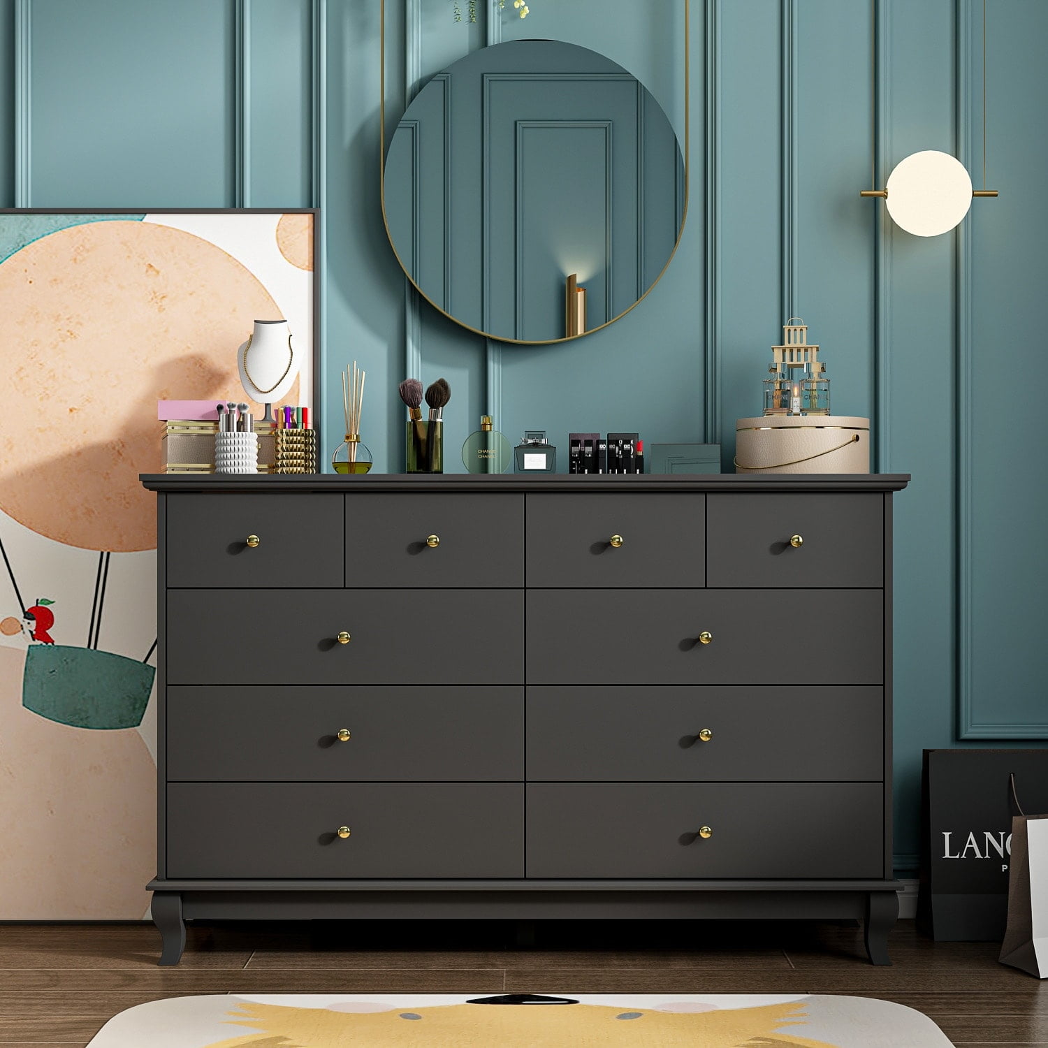 Black Double 10-Drawer Wide Storage Dresser