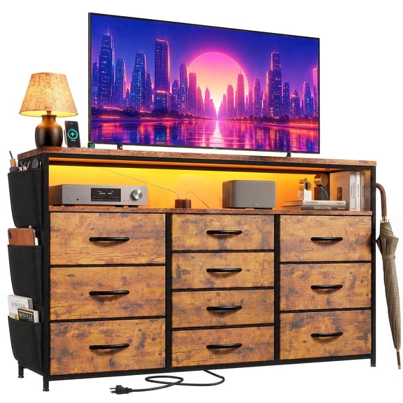 melmine 10 Drawer Dresser for Bedroom,Fabric Storage Dresser with LED Lights and Charging Station,TVs Up to 55 Inch,Chests of Drawers with Open Shelves,Side Pockets & Hooks for Hallway,Rustic Brown