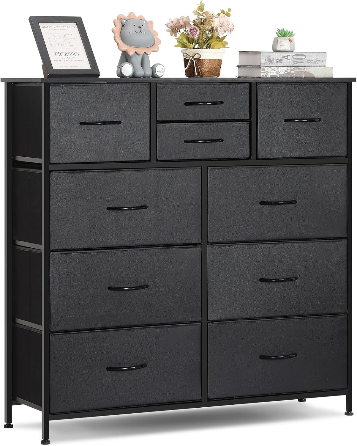 10 Drawer Dresser, Chest of Drawers for Bedroom, Fabric Storage Tower Organizer Unit for Living Room, Hallway, Closets, Wooden Top and Sturdy Metal Frame (Black)