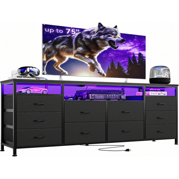 10 Drawer Dresser Dresser with LED Lights & Power Outlets,63.3" Long TV Stand for 65 70 75 Inch TV,Fabric Chest of Drawers for Closet, Living Room, Entryway