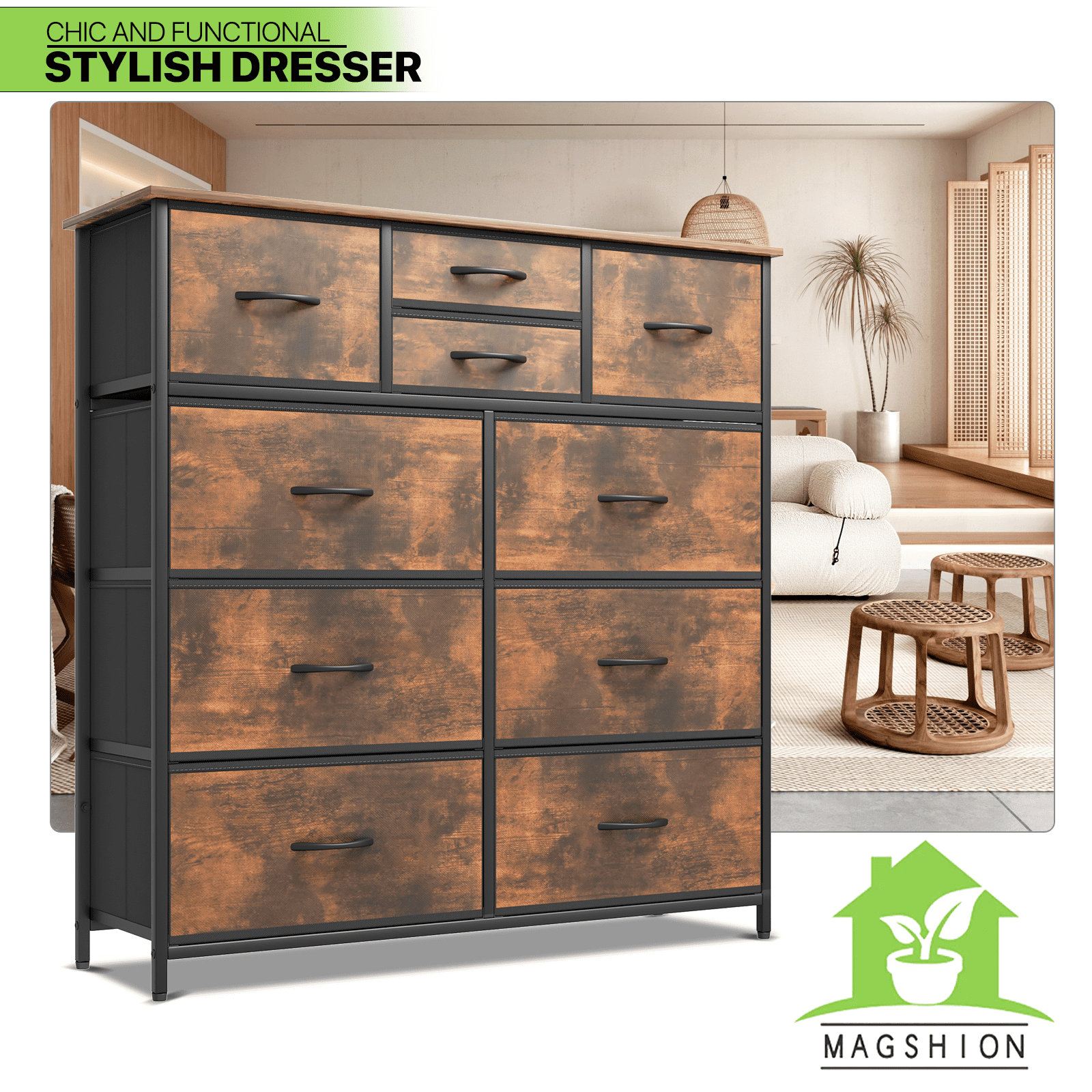 10 Drawer Dresser Fabric Storage Tall Chest Brown Organizer Storage ...