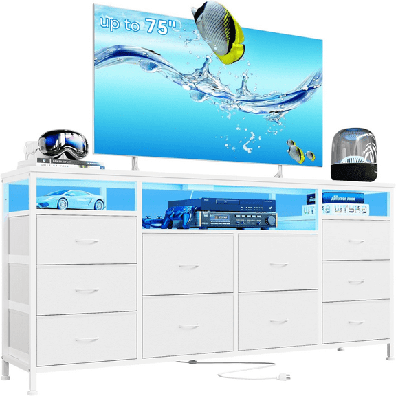 10 Drawer Dresser Dresser with LED Lights & Power Outlets,63.3" Long TV Stand for 65 70 75 Inch TV,Fabric Chest of Drawers for Closet, Living Room, Entryway