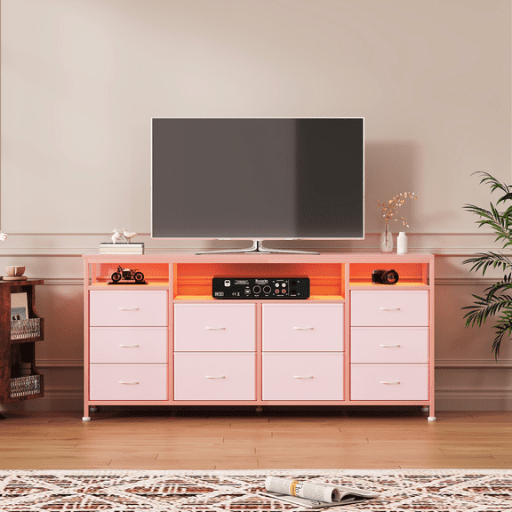10 Drawer Dresser TV Stand for 65 70 75 Inch Tv, Fabric Chest of Drawers with LED Lights & Power Outlets, with Open Shelves & Storage, for Bedroom, Closet
