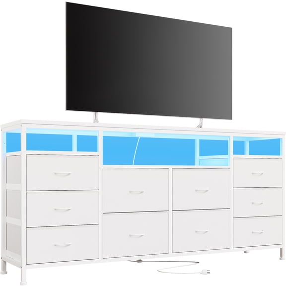 10 Drawer Dresser TV Stand,Entertainment Center,Media Console Table with Metal Frame and Wood Top for TV up to 75 inch,Power Outlet & LED Lights,Chest of Drawers for Bedroom,Living Room