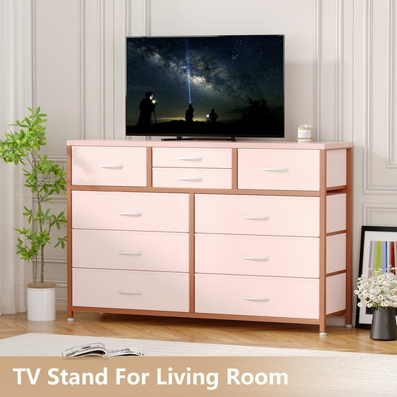 10 Drawer Dresser, Tv Stand Dreseer for 55" Tv with Fabric Storage Dressers Drawers for Bedroom, Hallway, Nursery, Closets, Steel Frame, Long Dressers with Big Storage, Sturdy Frame