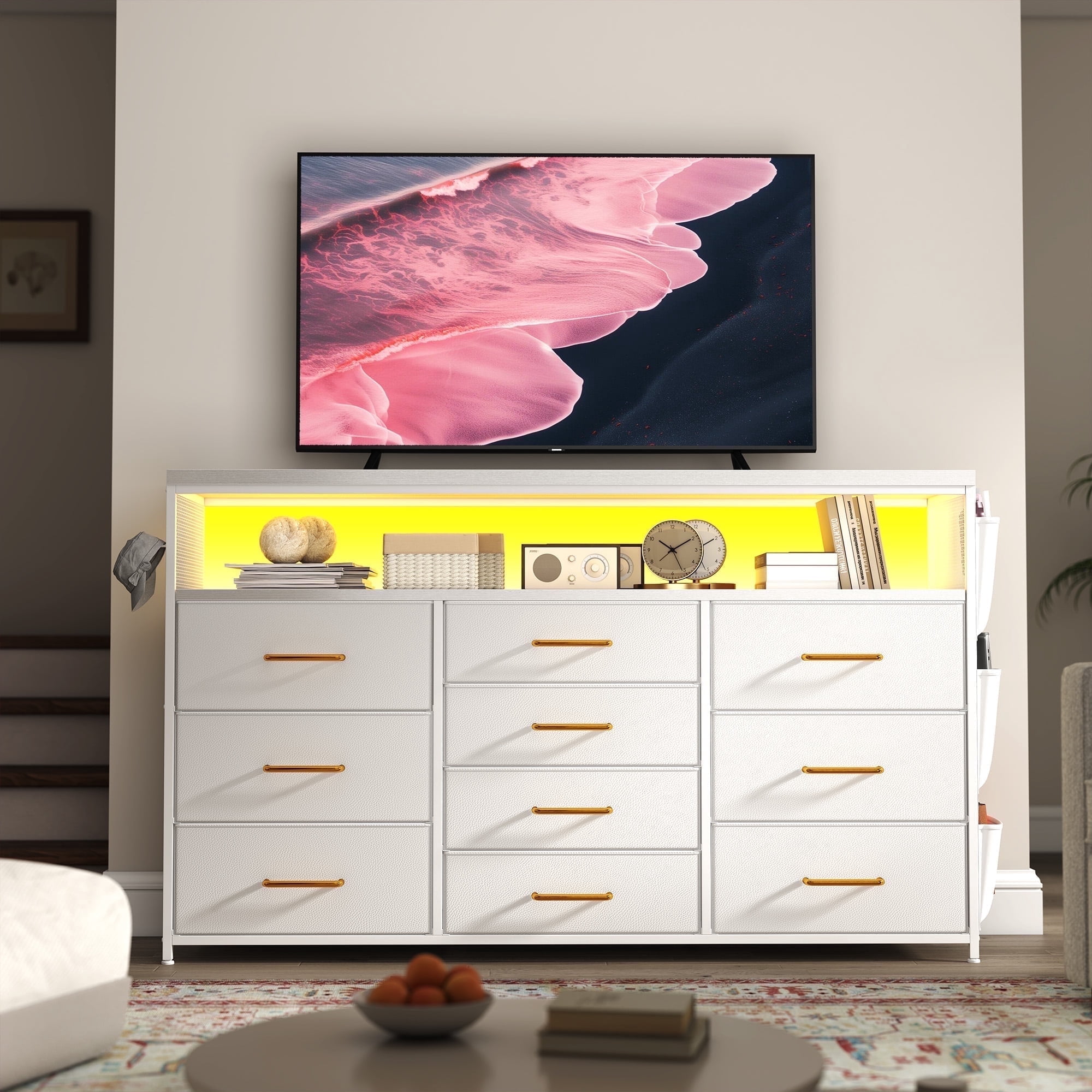 Romorgniz 10 Drawer Dresser,White Dressers for Bedroom TV Stand with Power Outlets & LED Lights & Entertainment Center,Chest of Drawers with Shelves & Side Pockets & Hook Fabric