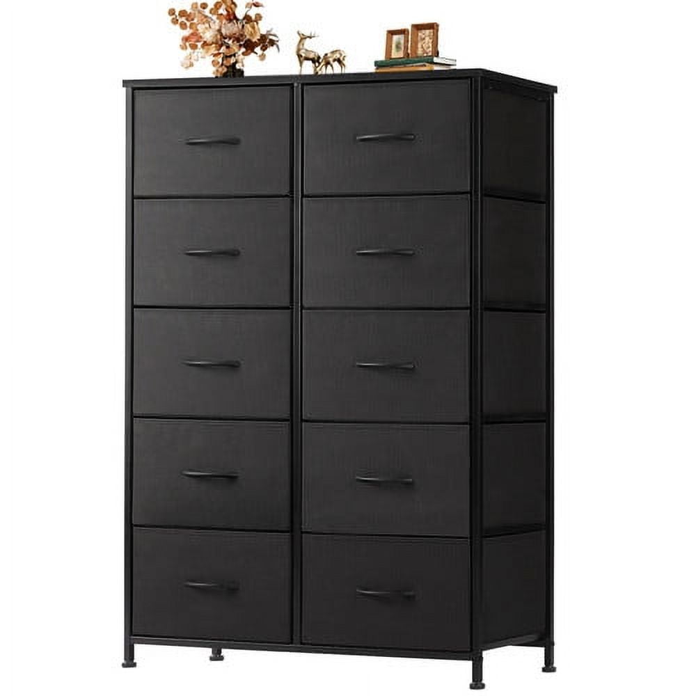 Black 10-Drawer Fabric Dresser with Wood Top and Steel Frame