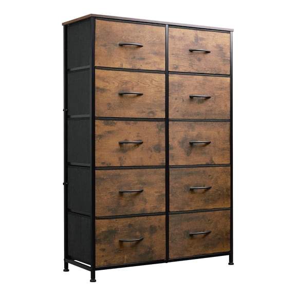 10 Drawer Fabric Dresser for Bedroom, Tall Storage Organizer with Wooden Top and Metal Frame, Closet Storage Cabinet with Fabric Bins for Clothes, Hallway, Living Room, Rustic Brown Wood Grain Print