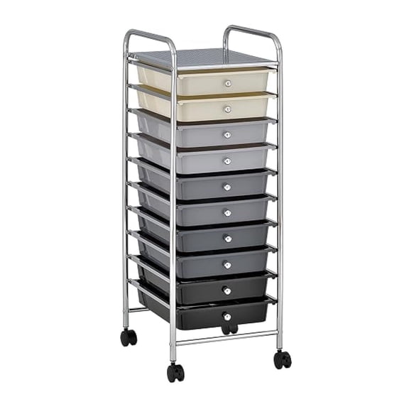 10-Drawer Mobile Organizer Cart, Grey Ombre - Rolling Storage for Art, Office, Classroom, Cosmetics; Lightweight Metal Frame & Wheels