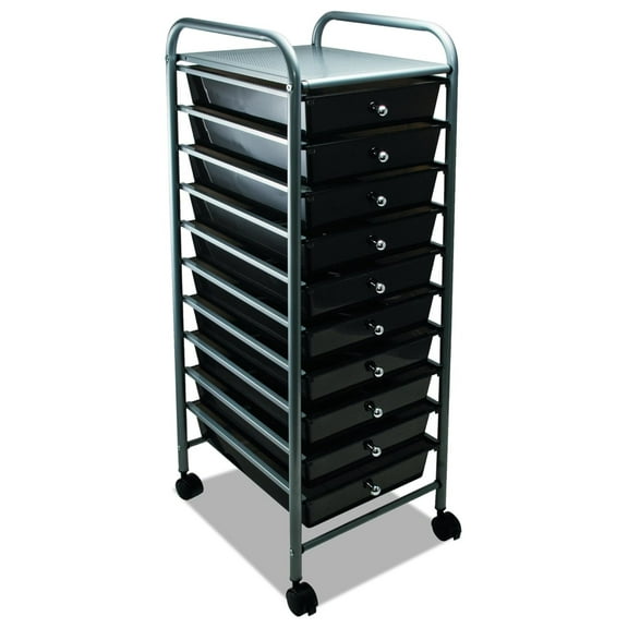 10-Drawer Rolling Organizer, Smoke Gray - Portable File Cabinet with Lockable Casters, Office Storage Cart, 13x15x38 inches