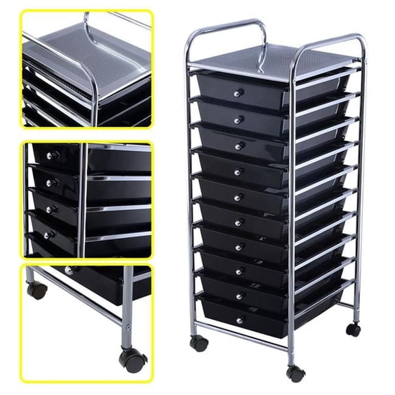 10 Drawer Rolling Organizer Storage Cart, Black