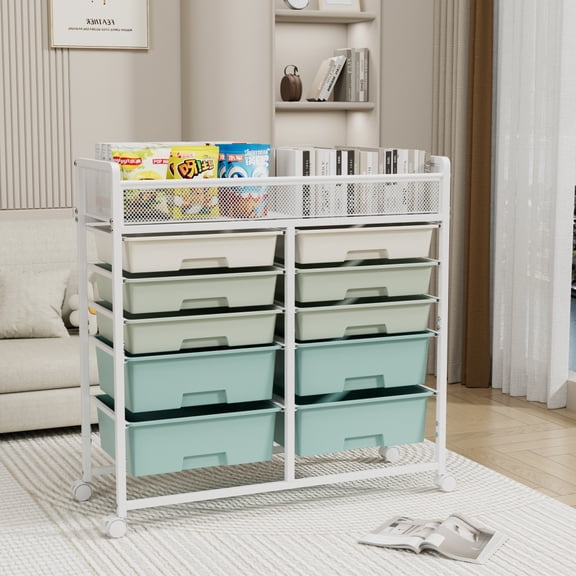 10-Drawer Rolling Storage Cart, Large Capacity 2-Row Utility Organizer with Metal Mesh Top and Wheels, Multi-Layer Storage Trolley for Kitchen Bathroom Office