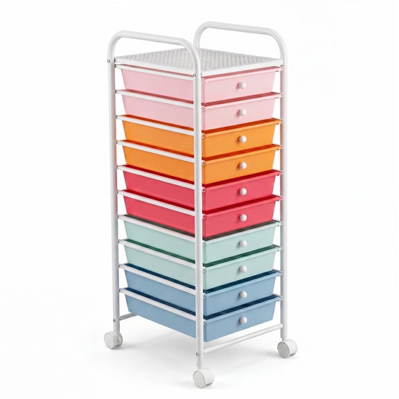 10 Drawer Rolling Storage Cart, Metal Frame Craft Organizer on Wheels, Multi-Tier Mobile Utility Cart with Drawer, Toy & Paper Storage Organizer Cart for Home Office School Classroom