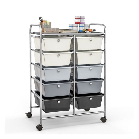 10-Drawer Rolling Storage Cart, Mobile Organizer Cart with Wheels, Metal Frame, Multicolor/Black/Beige & Gray, Home Office Classroom Storage