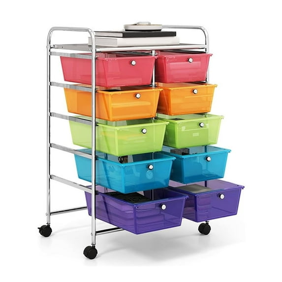 10-Drawer Rolling Storage Cart, Movable Art Craft Storage Organizer, Multipurpose Utility Cart with Wheels for School, Office and Home, Colorful