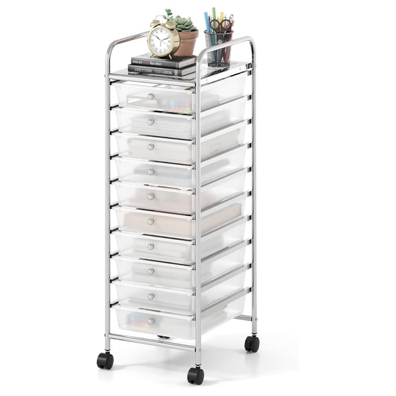10-Drawer Rolling Storage Cart, Multifunctional Art Organizer Cart with Removable Drawers, Lockable Wheels and Metal Frame, Classroom Storage Cart for Home Office School, Transparent