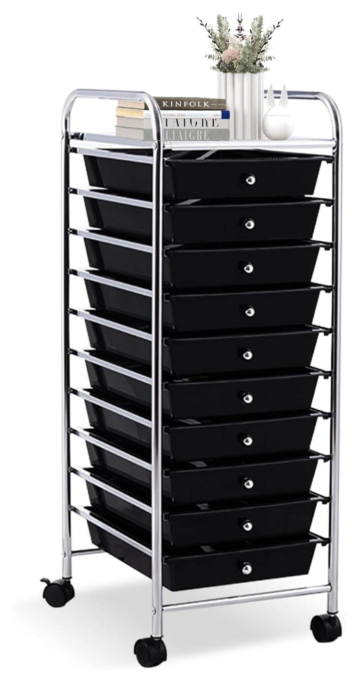 Black 10-Drawer Rolling Storage Cart with Chrome Frame