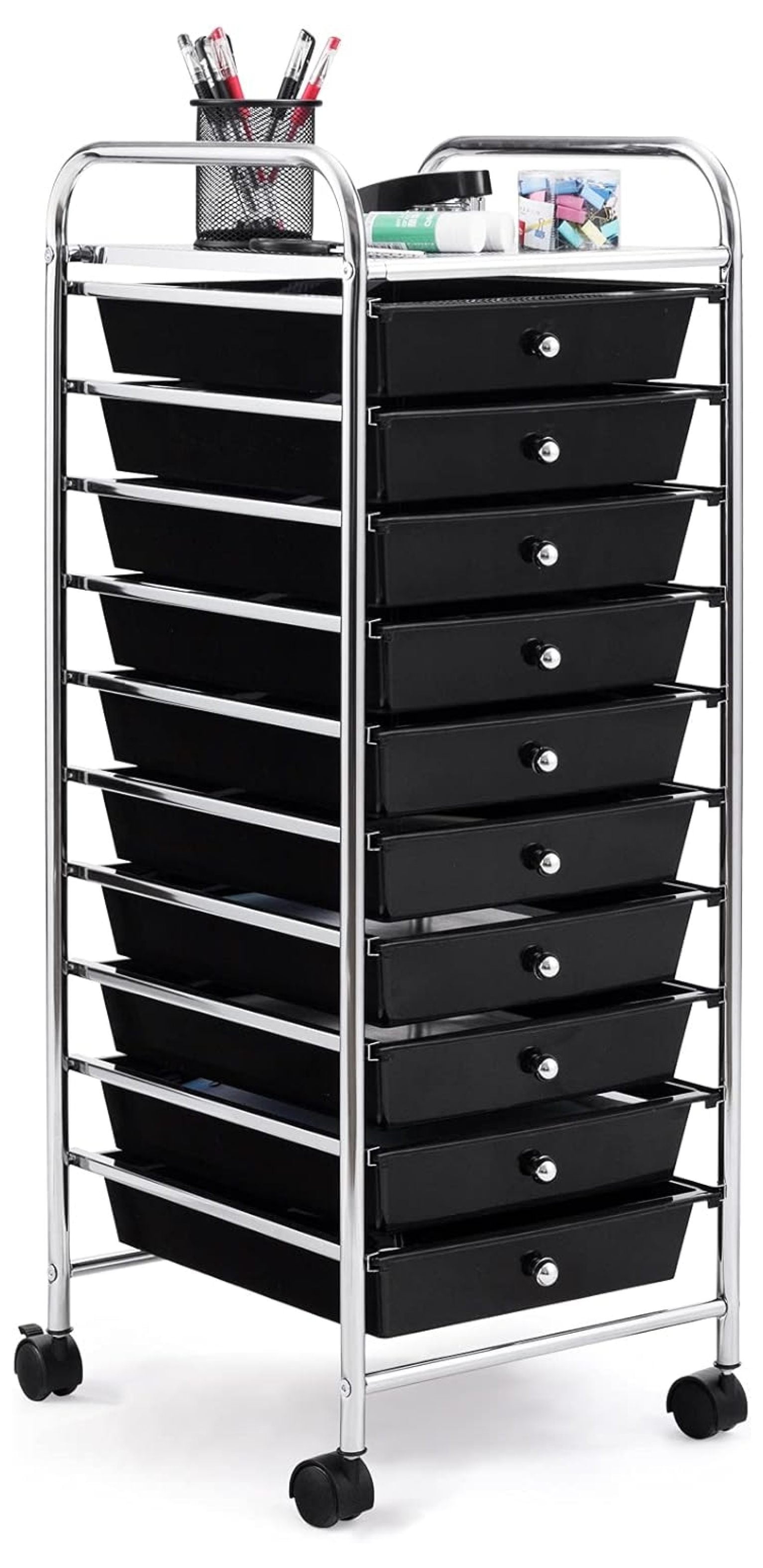 Black 10-Drawer Rolling Storage Cart with Chrome Frame