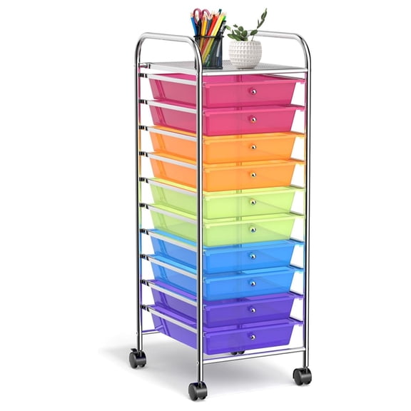 10 Drawer Rolling Storage Cart, Organization Cart with Drawers for Craft Makeup Paper Tool Art Supply, Versatile Utility Cart on Wheels for Home Office Classroom School (Rainbow)