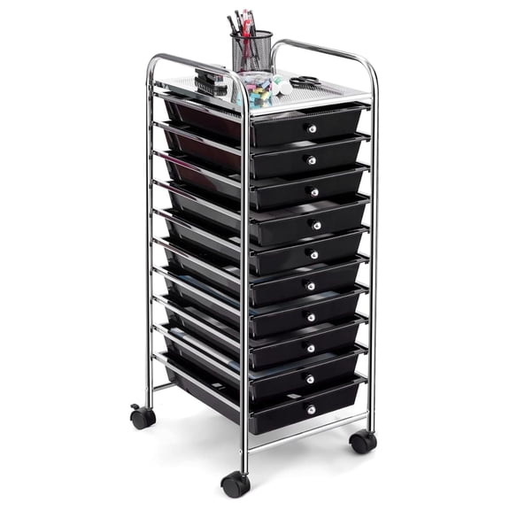 10-Drawer Rolling Storage Cart, Utility Mobile Trolley with Removable Drawers & Universal Casters & 2 Brakes, Versatile Flexible Drawer Organizer Cart for Home, Office (Black)