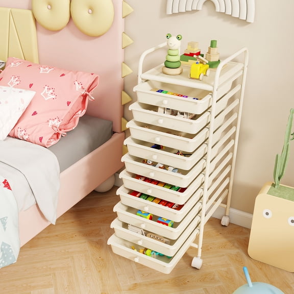 10-Drawer Rolling Storage Cart with Lockable Wheels, Metal Frame Organizer for Craft Supplies & Stationery