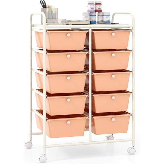 10-Drawer Rolling Storage Cart with Locking Wheels, Metal Frame, Peach Fuzz