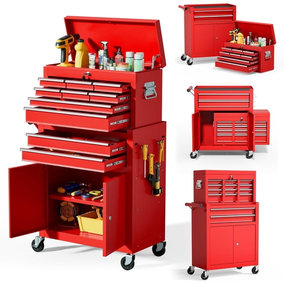 10-Drawer Rolling Tool Chest with Wheels, Lockable Tool Box with Drawers, High-Capacity Mechanic Tool Organizer, Detachable Top Cabinet & Adjustable Shelf for Workshop Garage