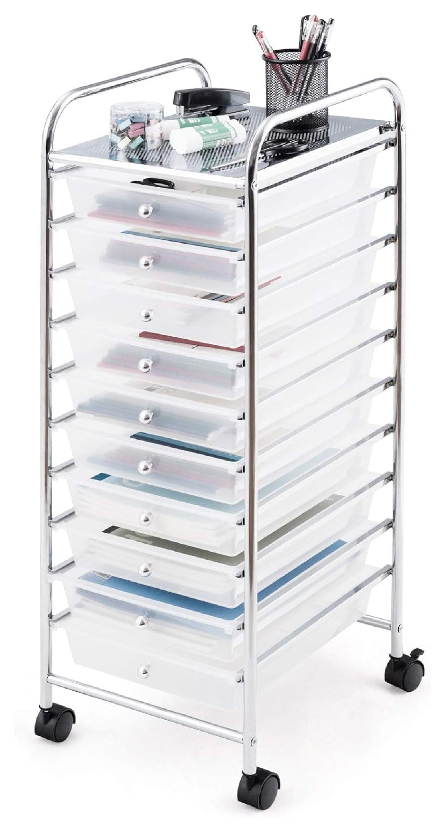 10-Drawer Storage Cart Office Paper Organizer Rolling Storage Cart with Wheels Clear