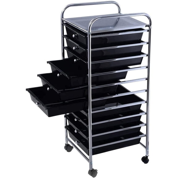 10 Drawer Storage Cart, Tools Scrapbook Paper Arrangement Mobile Drawer Cart Organizer, Space Saving Cart with 4 Wheels and Inter Locker System, Suitable for Cosmetics, File (BK)