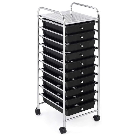 10-Drawer Storage Cart, Utility Cart with Removable Drawers & Metal Frame, Rolling Storage Cart with Lockable Wheels for Home, Office, Black
