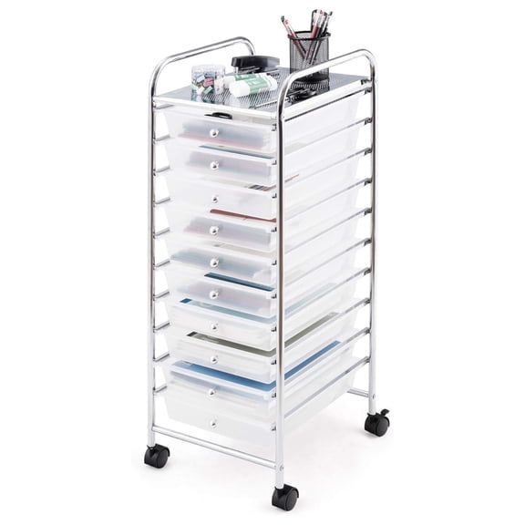 10-Drawer Storage Cart, Utility Cart with Removable Drawers & Metal Frame, Rolling Storage Cart with Lockable Wheels for Home, Office, Clear