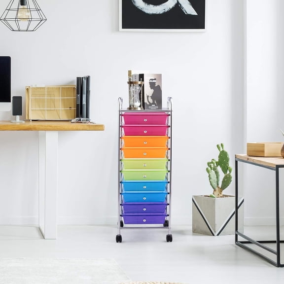 10-Drawer Storage Cart, Utility Cart with Removable Drawers & Metal Frame, Rolling Storage Cart with Lockable Wheels for Home, Office, Rainbow