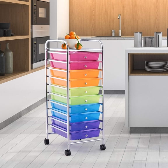 10-Drawer Storage Cart, Utility Cart with Removable Drawers & Metal Frame, Rolling Storage Cart with Lockable Wheels for Home, Office, Rainbow