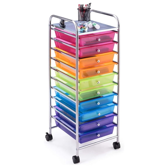 10-Drawer Storage Cart with Removable Drawers and Metal Frame, Rolling Cart with Lockable Wheels for Home Office by XLMD