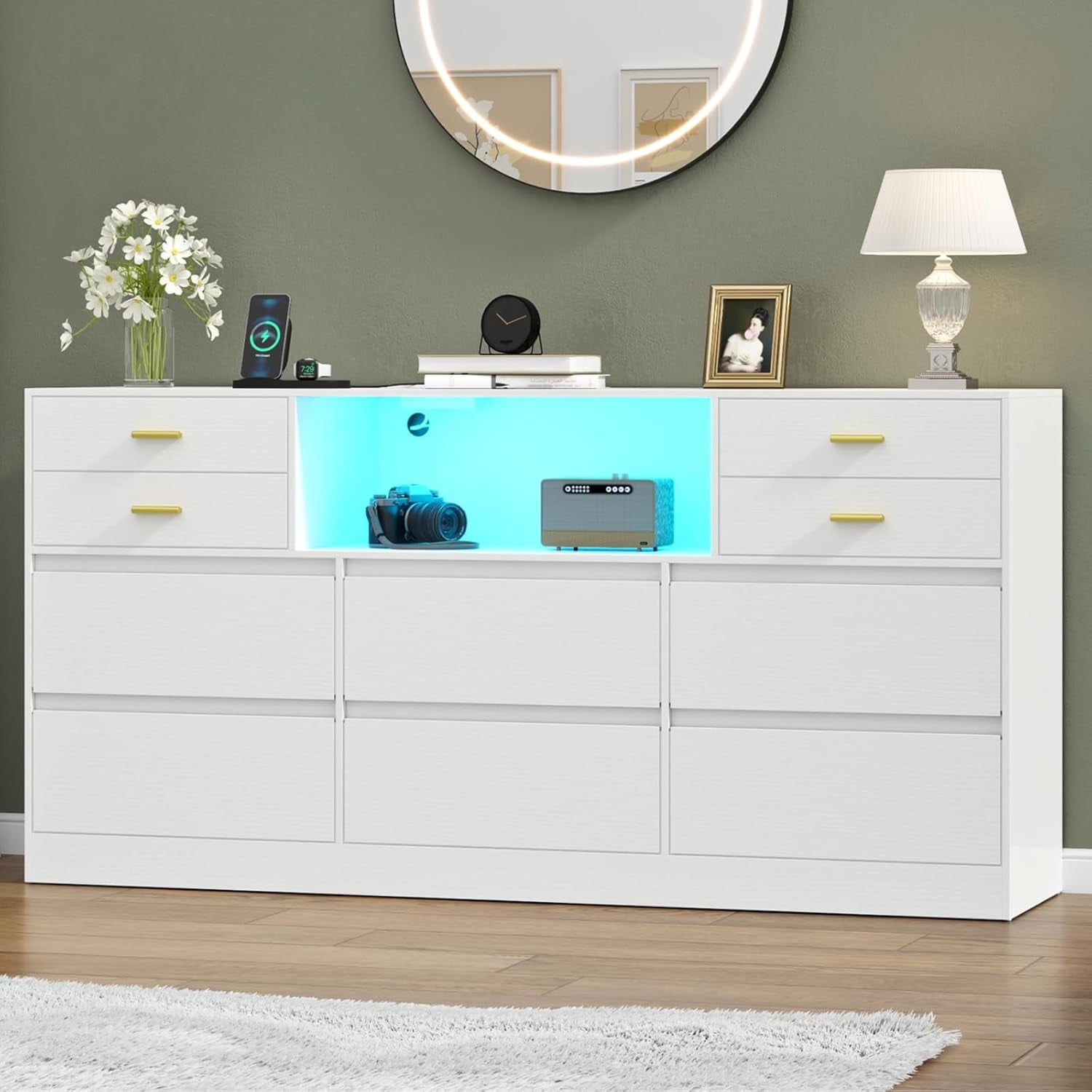 10-Drawer White Dresser with Charging Station and LED Lights, 58" Triple Wide TV Stand for TVs up to 65", Large Organizer with Open Cubby – STIKELY