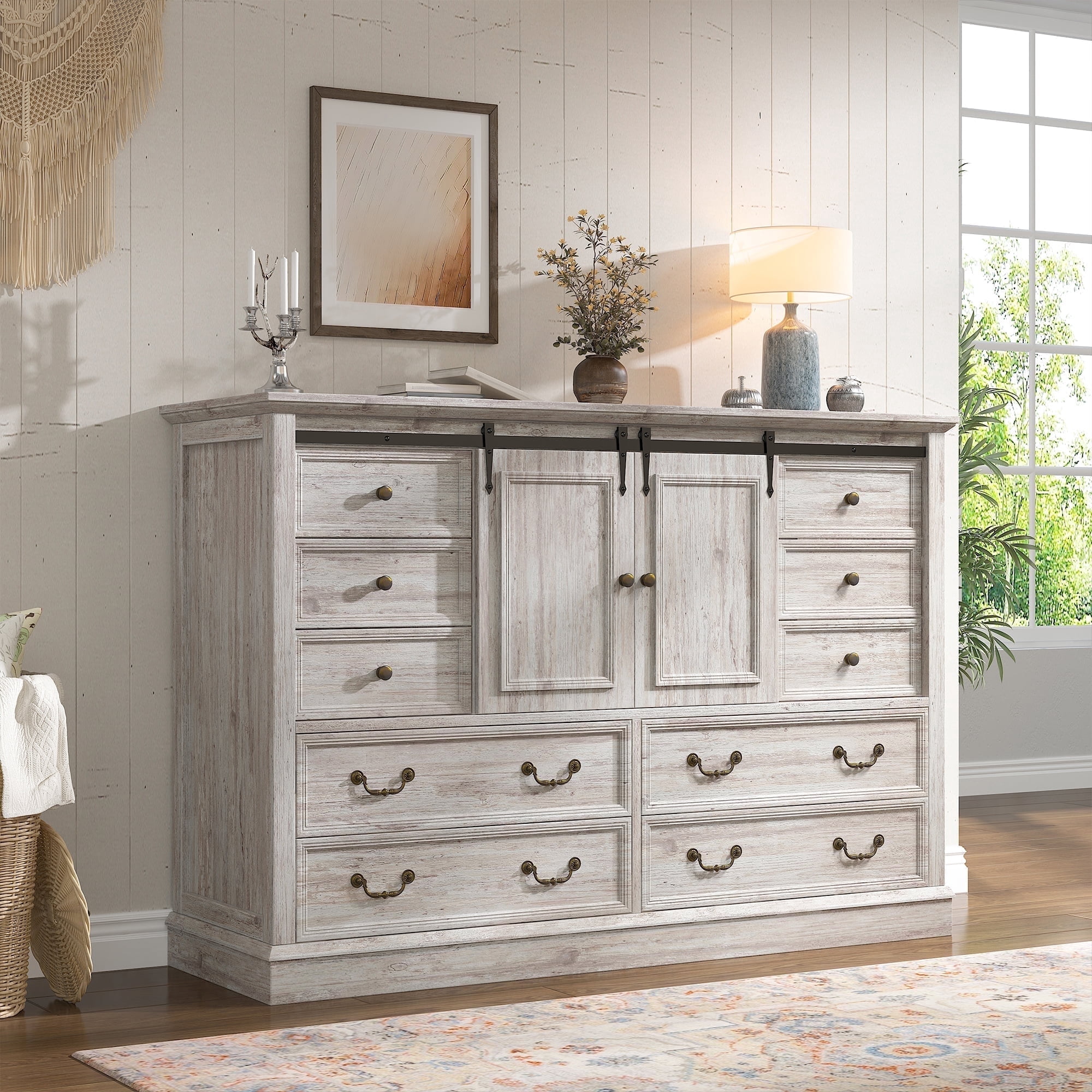 10 Drawers Dresser for Bedroom,Farmhouse Wood Dresser with Smoothly Sliding Barn Doors,Chest of Drawers 55" Wide TV Stands for Living Room,Hallway,Entryway ,Light Rustic Oak