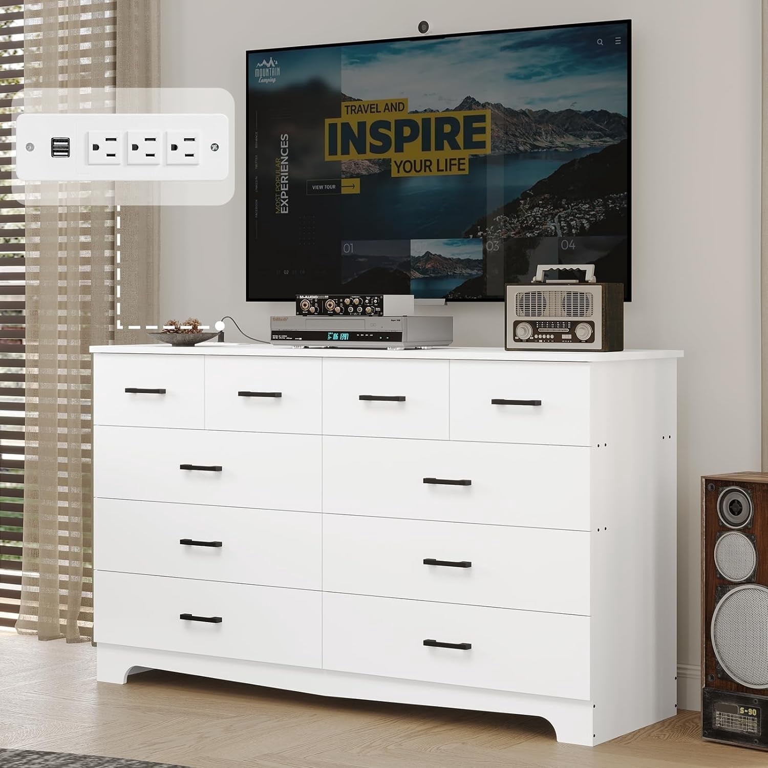 White Dresser with 10 Drawers for Bedroom, 55.1'' Chest of Drawers Storage Cabinets, Wood Long Dresser TV Stand for Living Room, Modern Clothes Closet Organizer with Metal Handles