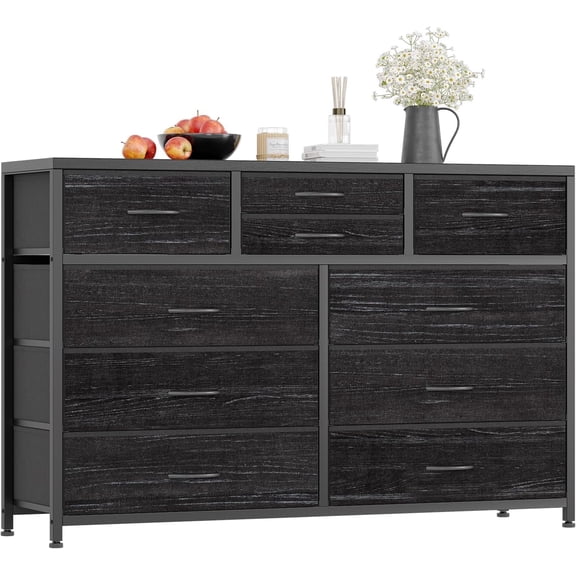 10 Drawers Fabric Dresser for Bedroom with Storage, TV Stand with Waterproof Wood Top, Black Willow