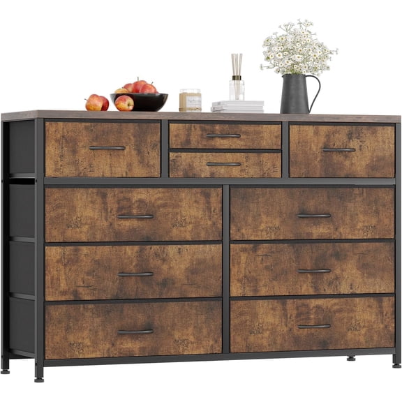 10 Drawers Fabric Dresser for Bedroom with Storage, TV Stand with Waterproof Wood Top, Rustic Brown