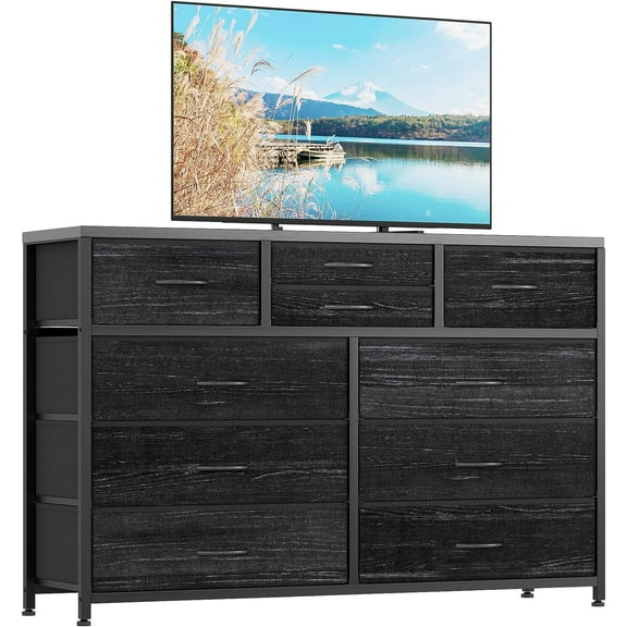 10 Drawers Fabric Dressers for Bedroom, Modern Chest of Drawers, Lightweight Entertainment Center with Fabric Bins for Living Room, Hallway, 45" Wide TV Stand Dressers, Wood Top (Black Willow)