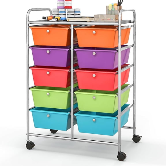 10 Drawers Rolling Cart, Classroom Organizers with Wheels, Storage Cart, Supplies Tool, Craft Art Paper for Home, Office, Teacher, School, Rainbow Multi-color