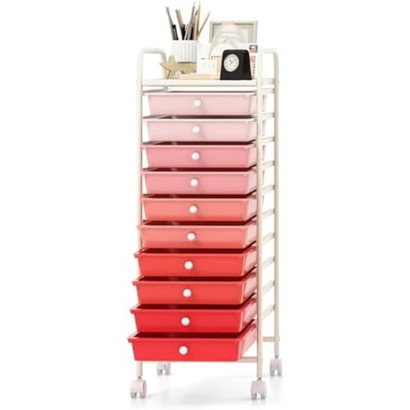 10 Drawers Rolling Storage Cart, Multipurpose Craft Storage Cart with Wheels, Mobile Tools Scrapbook Paper Organizer Cart for Office School Home Use